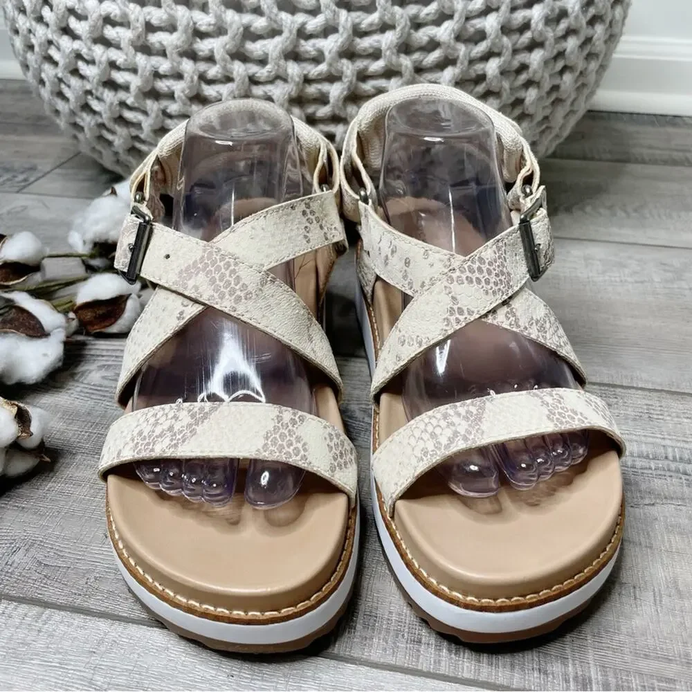 Lucky Brand Idenia Leather Snake Embossed Flatform Sandals Stucco Lomo Size 9.5M
